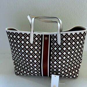 TORY BURCH GEO LOGO TOTE ( ivory, neutral, navy)